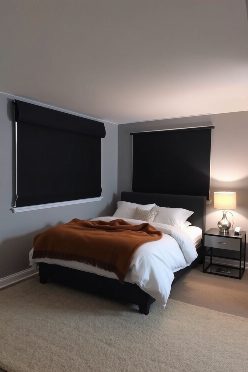 A cozy basement bedroom featuring blackout curtains that enhance sleep quality. The room is adorned with a plush queen-sized bed dressed in soft linens and a warm throw blanket. On one side, a stylish nightstand holds a modern lamp that casts a gentle glow. The walls are painted a calming gray, while the floor is covered with a soft area rug for added comfort.