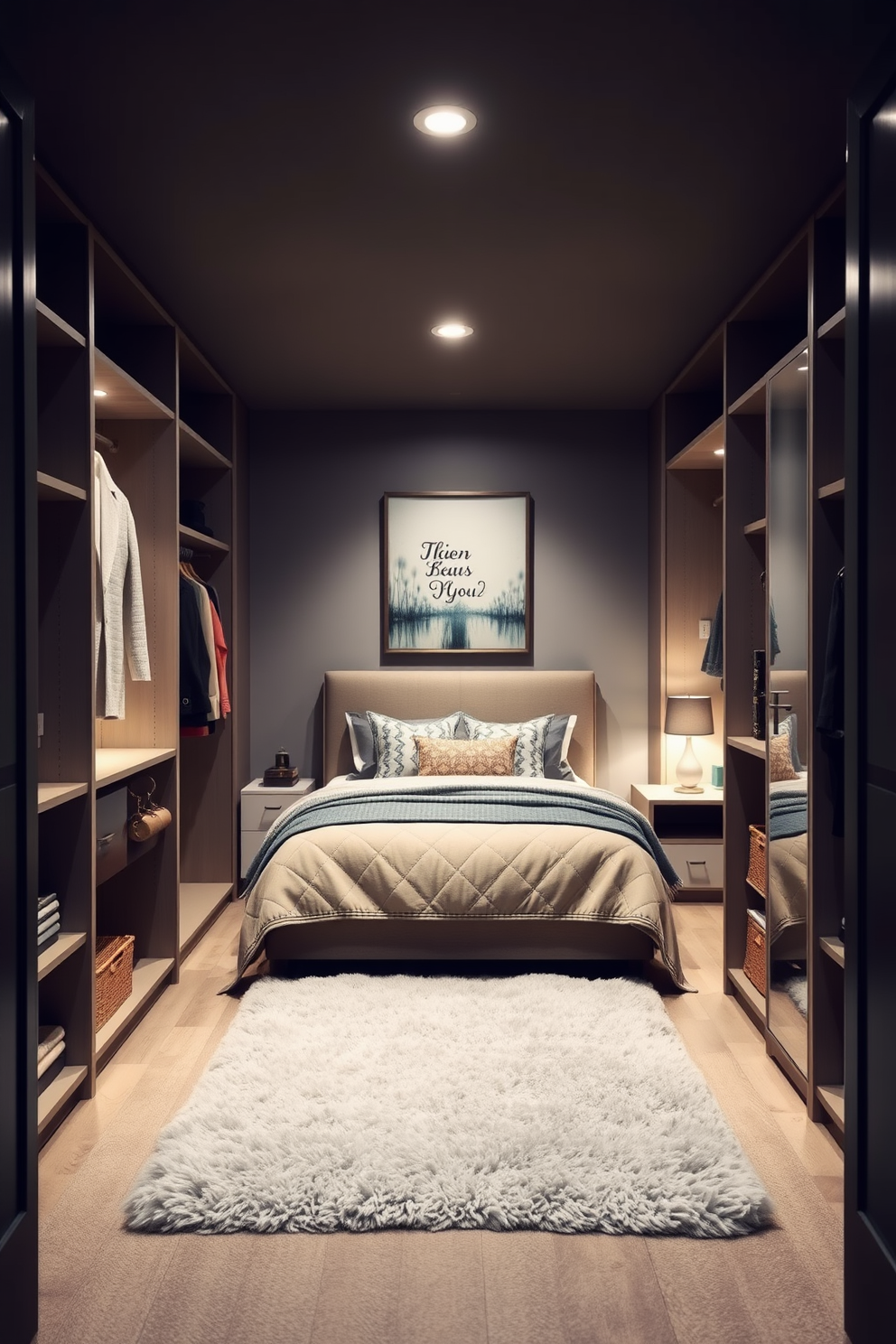 A cozy basement bedroom featuring sliding barn doors that add rustic charm. The room is adorned with warm wooden accents and soft ambient lighting to create a welcoming atmosphere.