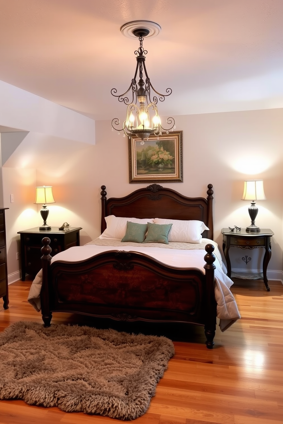 A cozy basement bedroom featuring built-in lighting that highlights the shelves along the walls. The room is designed with a plush bed centered against a feature wall, creating a warm and inviting atmosphere.