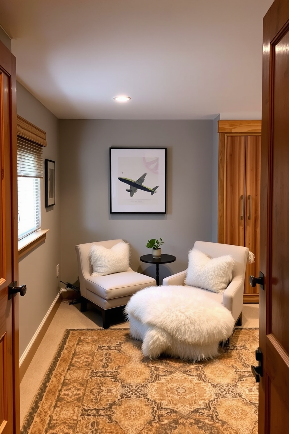 A cozy basement bedroom featuring a warm fireplace as the focal point. The room is designed with soft neutral tones, complemented by a plush area rug and comfortable bedding. On one side, a built-in bookshelf displays an array of books and decorative items. Large windows allow natural light to filter in, enhancing the inviting atmosphere of this serene retreat.