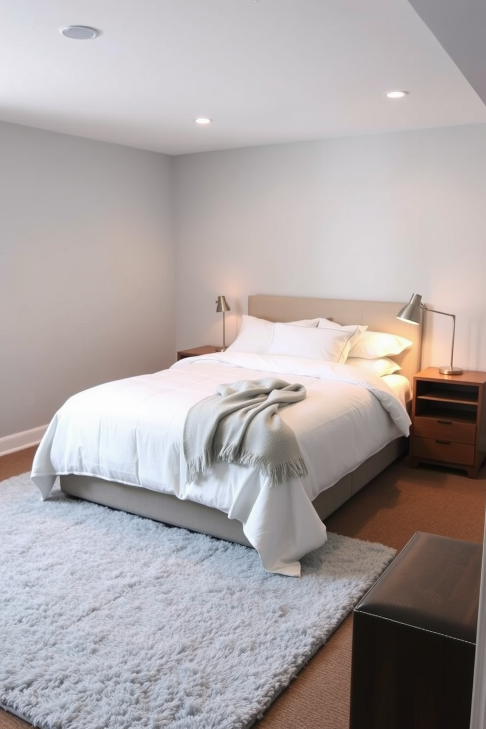 A low-profile bed with a sleek upholstered headboard sits against a wall adorned with soft gray wallpaper. The room features minimalist nightstands on either side, each topped with modern lamps that provide a warm glow. Natural light pours in through a small window, illuminating the space and highlighting the plush area rug beneath the bed. The floor is finished with polished concrete, adding an industrial touch to the modern design.