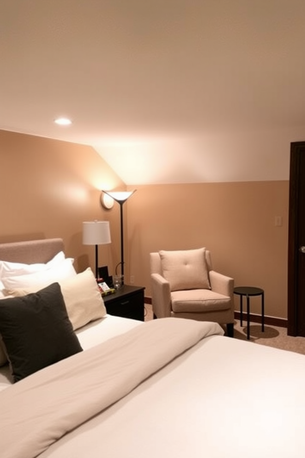 A cozy basement bedroom featuring a plush queen-sized bed dressed in soft linens. To the side, there is a small seating area with a contemporary armchair and a stylish side table, creating a welcoming nook for guests. The walls are painted in a warm taupe color, enhancing the room's inviting atmosphere. Soft ambient lighting from a stylish floor lamp casts a gentle glow, perfect for relaxation and reading.