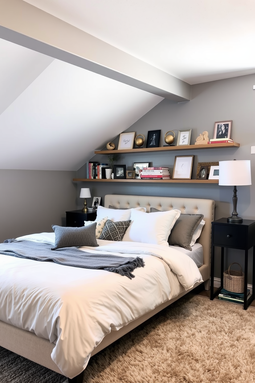 A cozy basement bedroom featuring decorative shelving that showcases a collection of books and personal mementos. The walls are painted in a soft gray hue, and a plush area rug anchors the space while adding warmth underfoot.