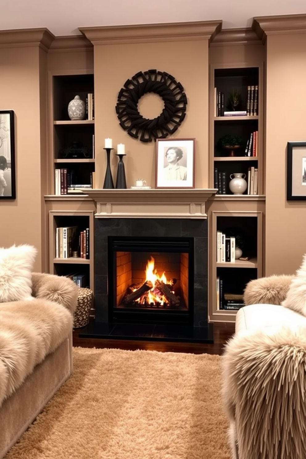 A cozy fireplace serves as the focal point of a basement bedroom, creating a warm and inviting atmosphere. The fireplace is framed by built-in bookshelves filled with books and decorative items, enhancing the room's charm. The walls are painted in a soft taupe color, complemented by plush, oversized furniture in neutral tones. A large area rug lies underfoot, adding comfort and warmth to the space while providing a cozy area for relaxation.