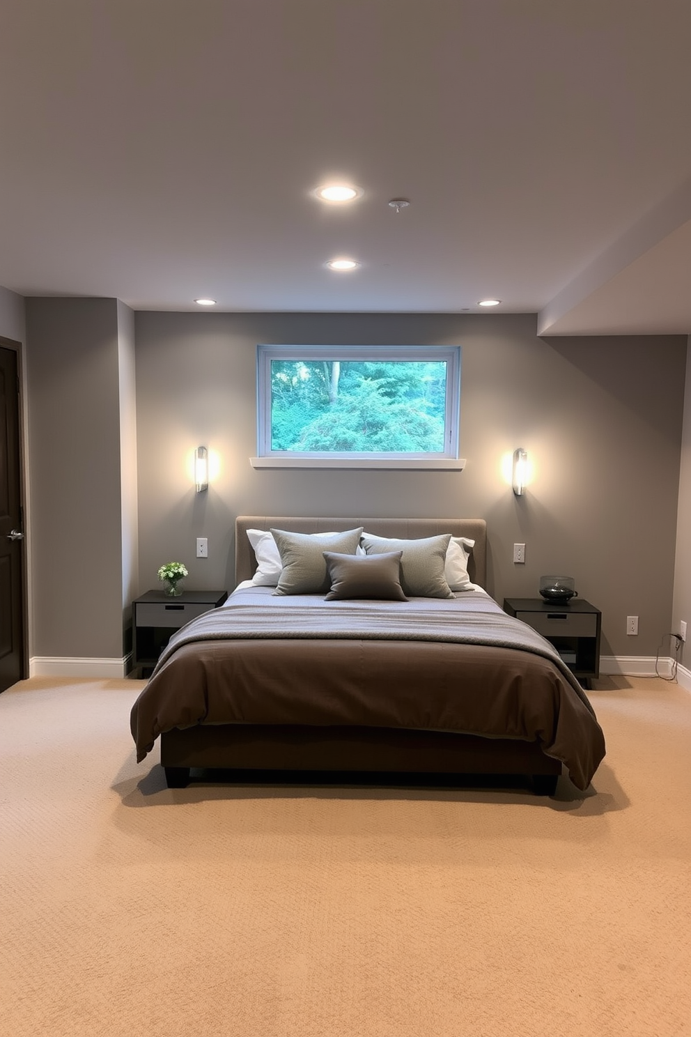 A cozy basement bedroom features a plush queen-sized bed positioned against a soft gray accent wall. Wall-mounted lighting flanks the bed, providing a warm glow while saving valuable floor space. The room includes a stylish nightstand with a modern design, seamlessly integrating with the overall aesthetic. A large window above the bed allows natural light to filter in, enhancing the inviting atmosphere.