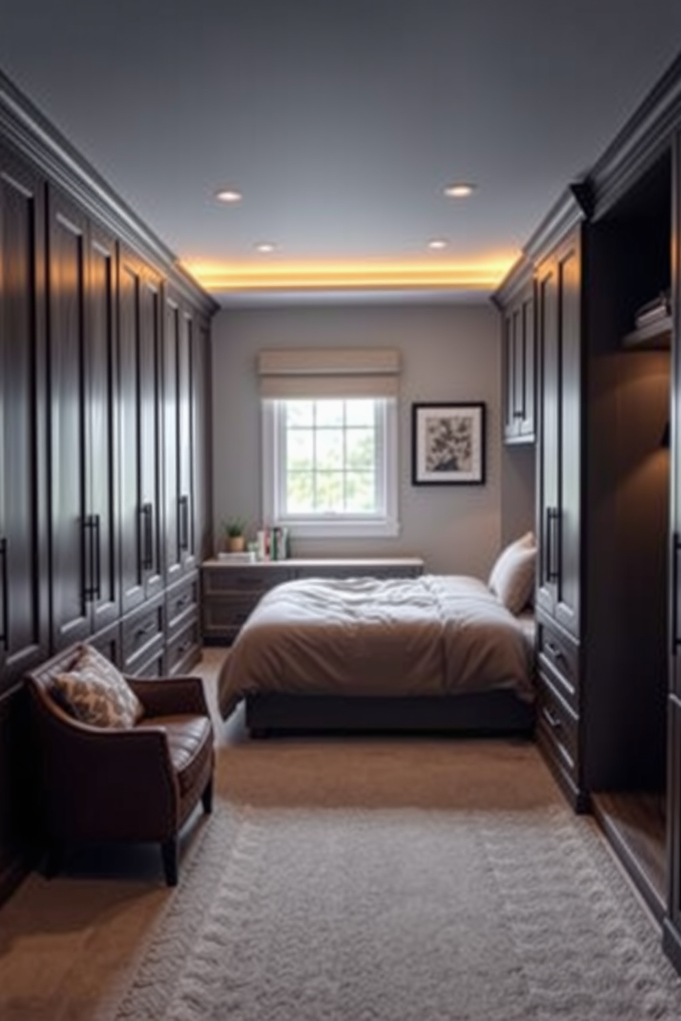 A cozy basement bedroom featuring layered lighting that creates a warm and inviting ambiance. Soft recessed lights are installed in the ceiling, complemented by stylish bedside lamps that provide additional illumination. The walls are painted in a soft beige, enhancing the warmth of the space, while a plush area rug adds comfort underfoot. A comfortable bed with fluffy pillows and a textured throw blanket invites relaxation, making it the perfect retreat.