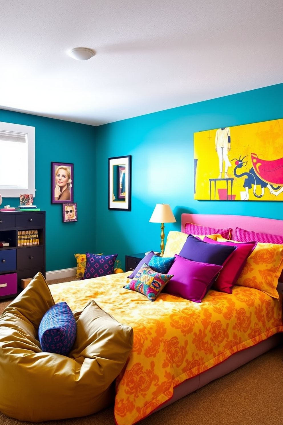 A vibrant basement bedroom filled with playful accents and bold colors. The walls are painted in a rich teal, while the bedding features a mix of bright yellow and deep purple patterns. A large, abstract piece of art hangs above the bed, adding a focal point to the room. Colorful throw pillows in various shapes and sizes are scattered across a cozy bean bag chair in the corner.