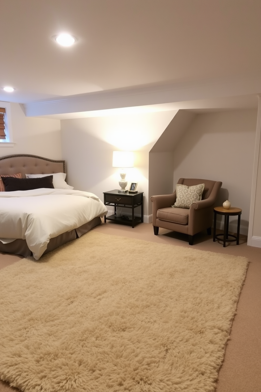 A cozy basement bedroom featuring a plush area rug that adds warmth and texture to the space. The room has a comfortable bed with soft linens and a stylish headboard, creating an inviting atmosphere. In one corner, a small reading nook is set up with a comfortable chair and a side table, perfect for relaxation. Soft lighting from a floor lamp enhances the room's ambiance, making it a perfect retreat.