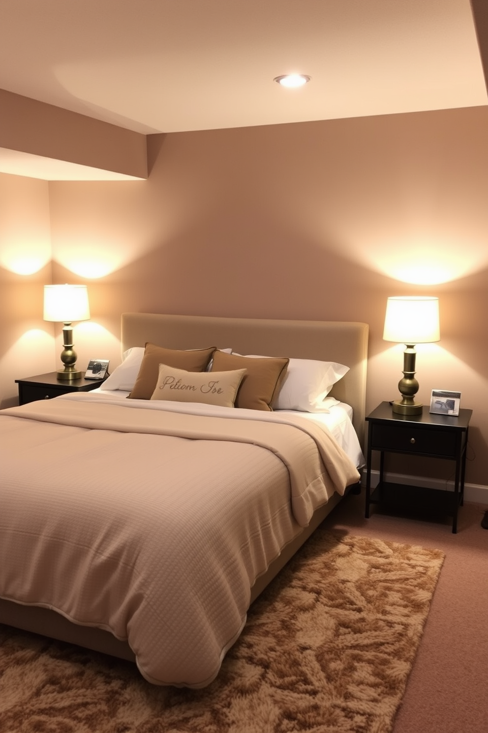 A cozy basement bedroom featuring a neutral color palette that promotes serene vibes. Soft beige walls complement a plush cream carpet, creating a calming atmosphere for relaxation and rest. The bed is dressed in white linens with a light gray throw blanket, adding texture and warmth. Natural light filters in through a small window, highlighting a minimalist wooden nightstand adorned with a simple lamp and a small potted plant.