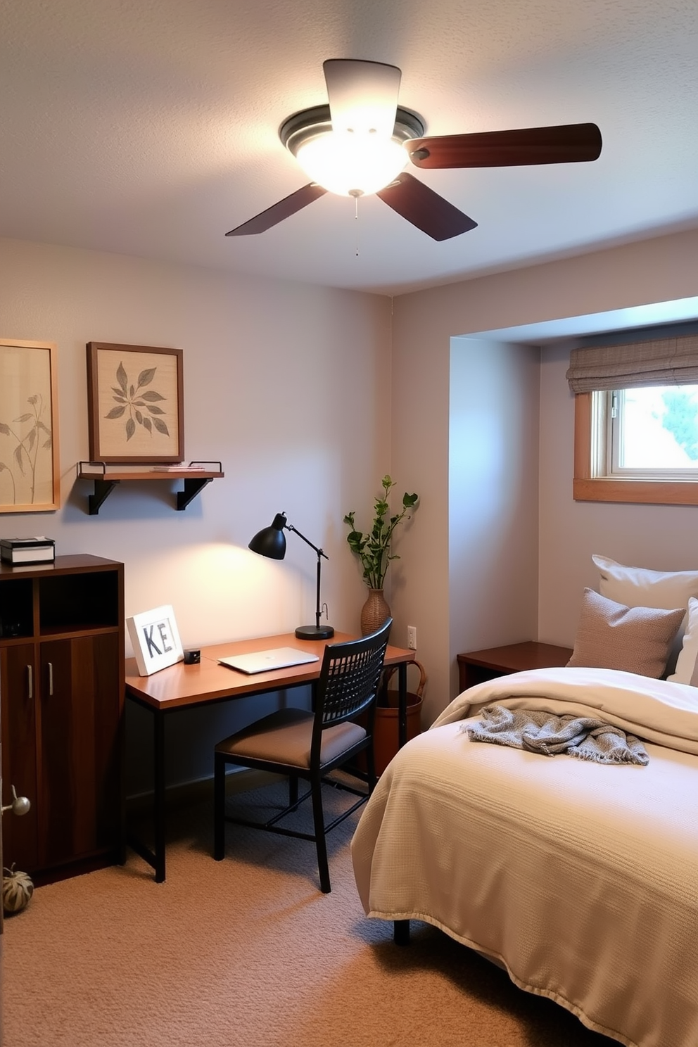 A cozy basement bedroom featuring vintage furniture that adds charming character. The room includes a distressed wooden bed frame with a plush quilt, an antique dresser, and a vintage armchair in a floral pattern. Soft lighting from a wrought-iron chandelier casts a warm glow throughout the space. The walls are painted a soft cream, complemented by a patterned area rug that ties the room together.