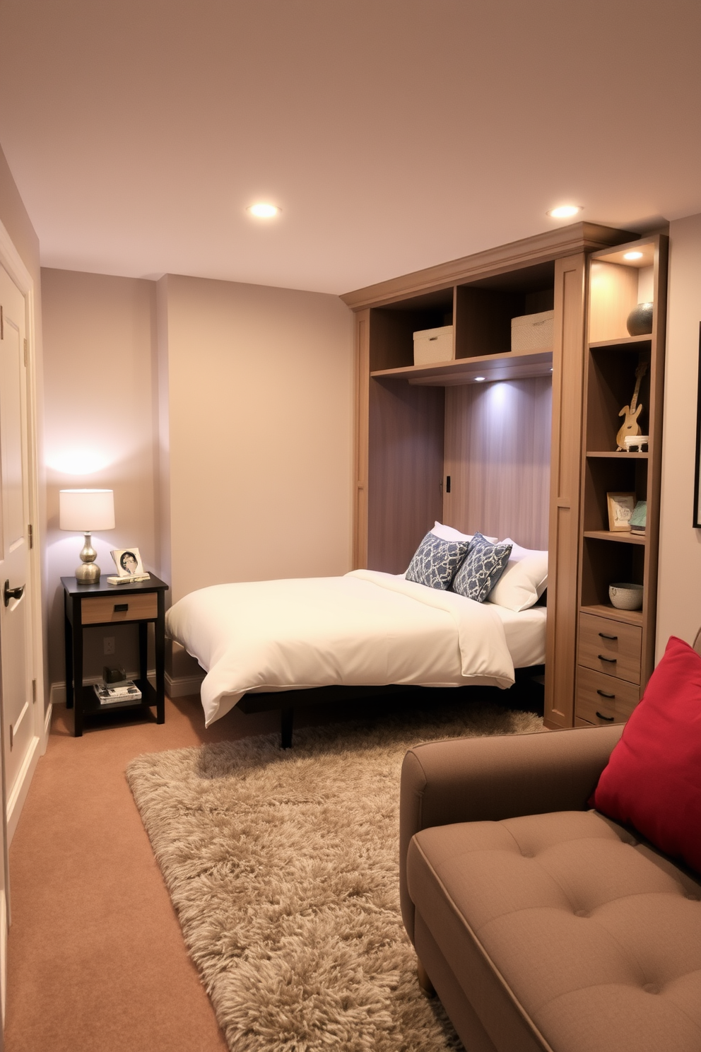 A cozy basement bedroom features wall-mounted nightstands that maximize floor space while providing essential storage. The walls are painted in a soft gray hue, and ambient lighting creates a warm and inviting atmosphere.