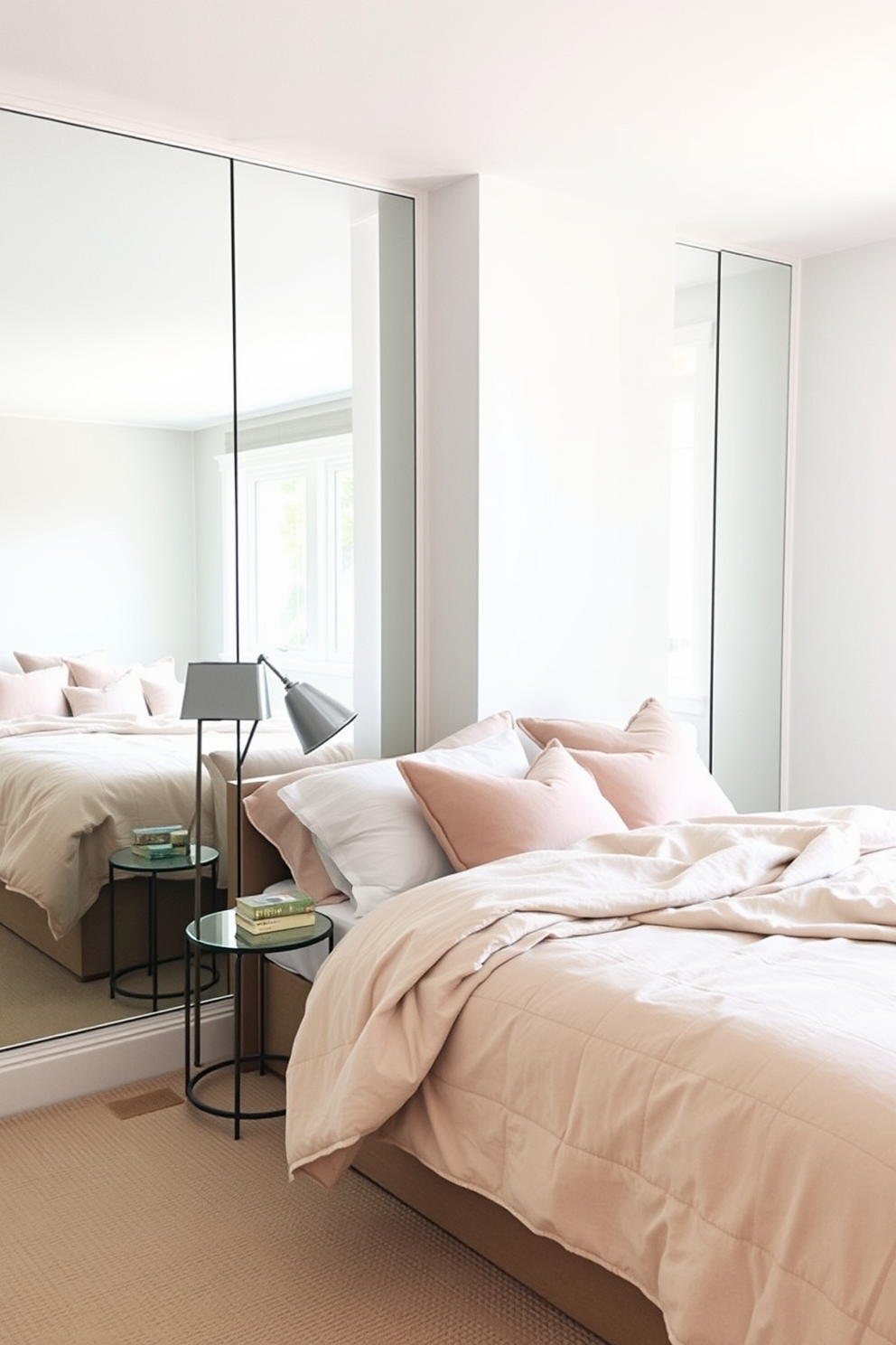 A cozy basement bedroom featuring a plush area rug that defines the sleeping area. The bed is dressed in soft linens and adorned with decorative pillows, while a reading nook with a comfortable chair sits adjacent to the bed on the rug. The walls are painted in a warm neutral tone, creating an inviting atmosphere. Soft lighting from bedside lamps and wall sconces adds to the ambiance, making the space perfect for relaxation.