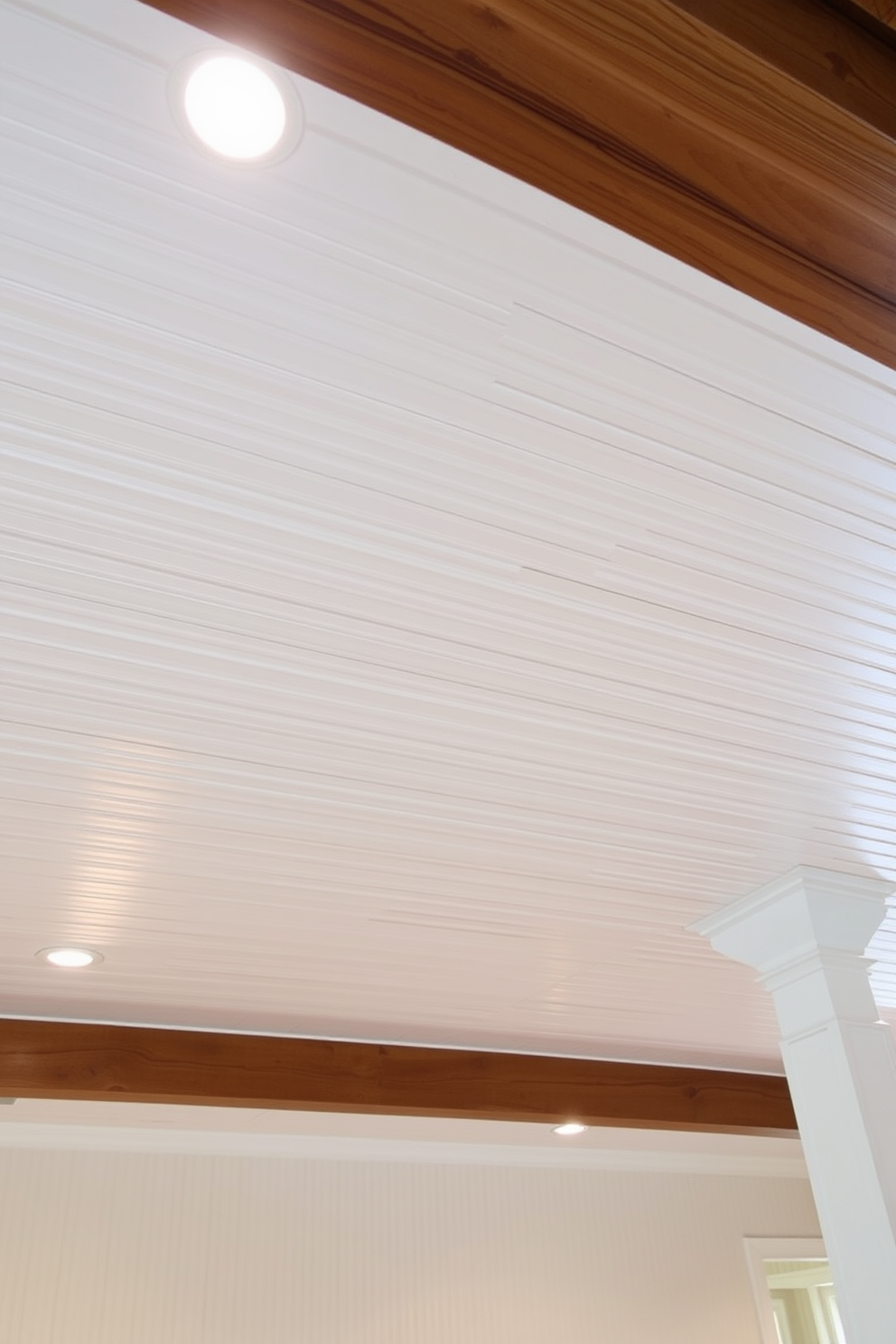 A classic style basement features a beadboard ceiling that adds texture and warmth to the space. The white beadboard panels create a bright and inviting atmosphere, enhancing the overall elegance of the basement design.