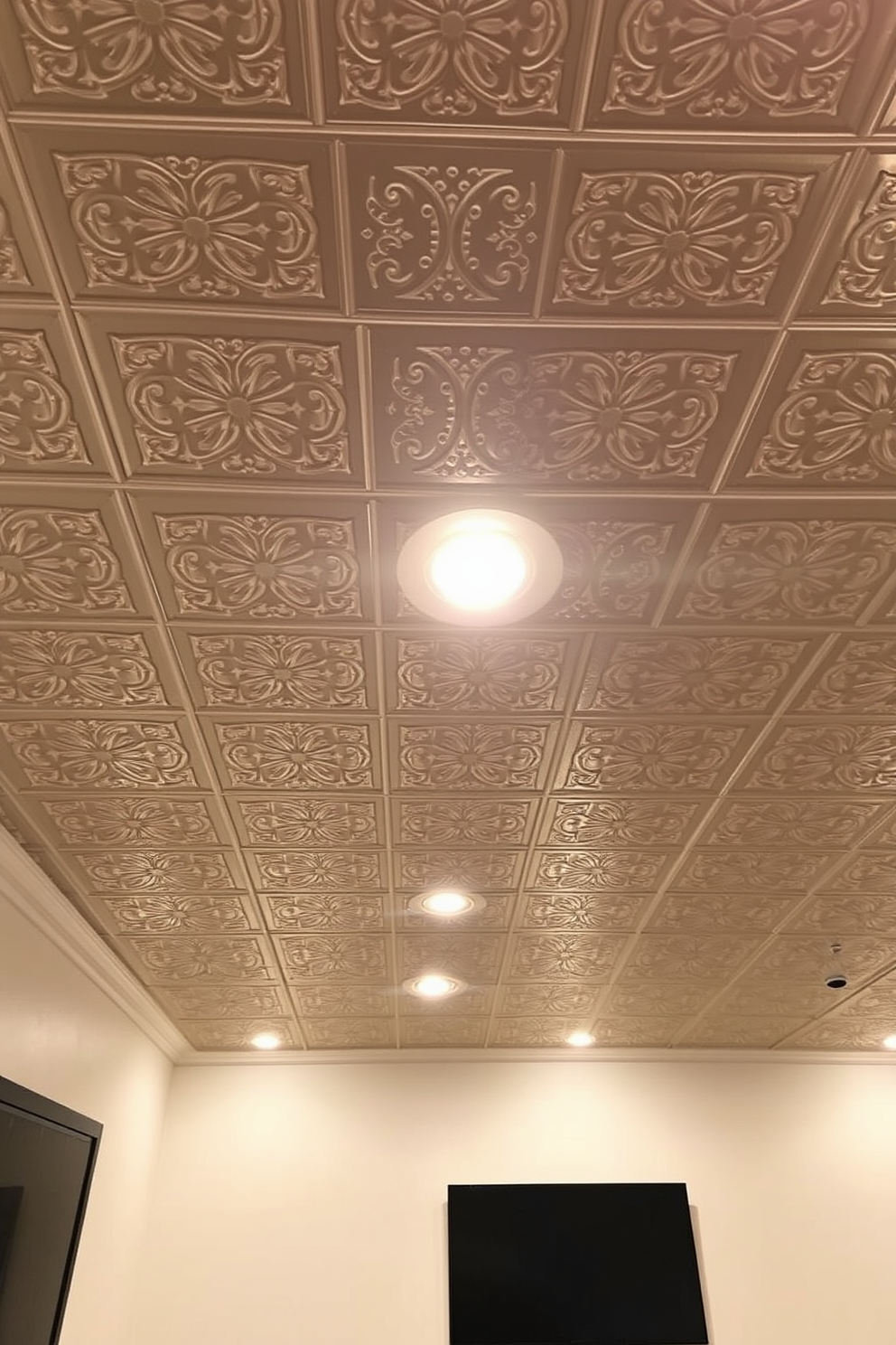 A basement ceiling featuring intricate stenciled designs adds an artistic flair to the space. The patterns are painted in a contrasting color to the ceiling, creating a striking visual impact. Soft ambient lighting highlights the stenciled artwork, enhancing the overall aesthetic of the basement. This design choice transforms an often overlooked area into a stylish and inviting environment.