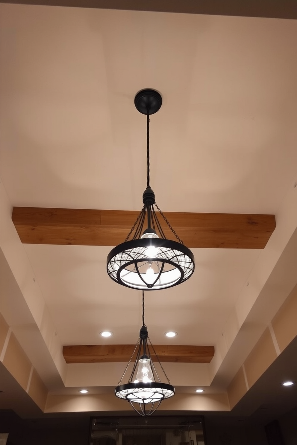 A stunning basement ceiling design that showcases unique light fixtures as focal points. The ceiling features a combination of exposed beams and recessed lighting, creating a warm and inviting atmosphere. The light fixtures are modern pendant lights with intricate designs, hanging at varying heights to add visual interest. Soft, ambient lighting enhances the overall aesthetic while highlighting the texture of the ceiling materials.