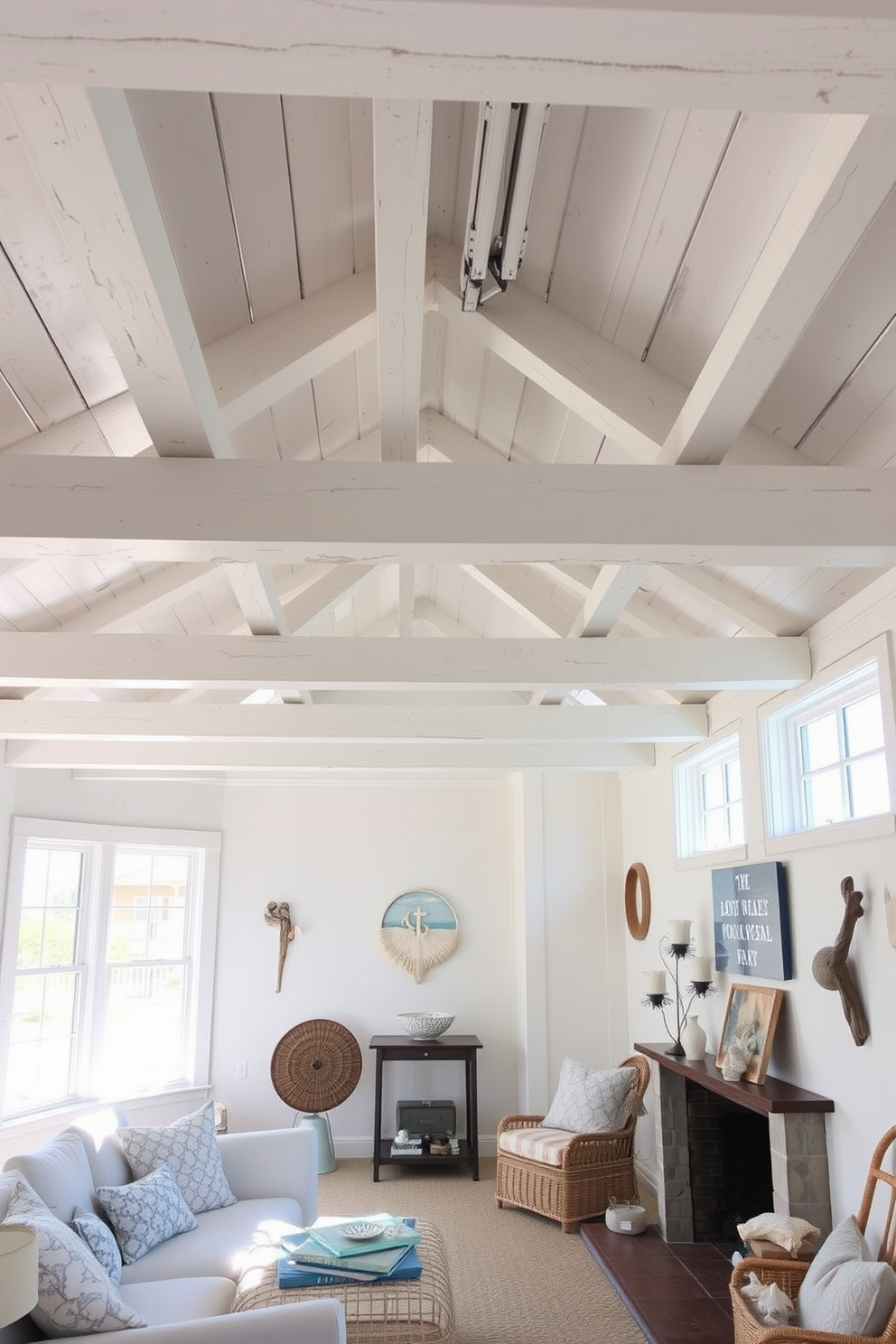 A cozy basement space with whitewashed wood beams creating a beachy atmosphere. The ceiling features exposed rafters painted in a soft white, enhancing the airy feel of the room. Natural light filters in through large windows, illuminating the light-colored walls and creating a warm ambiance. A subtle nautical theme is introduced with decorative elements like seashells and driftwood accents throughout the space.