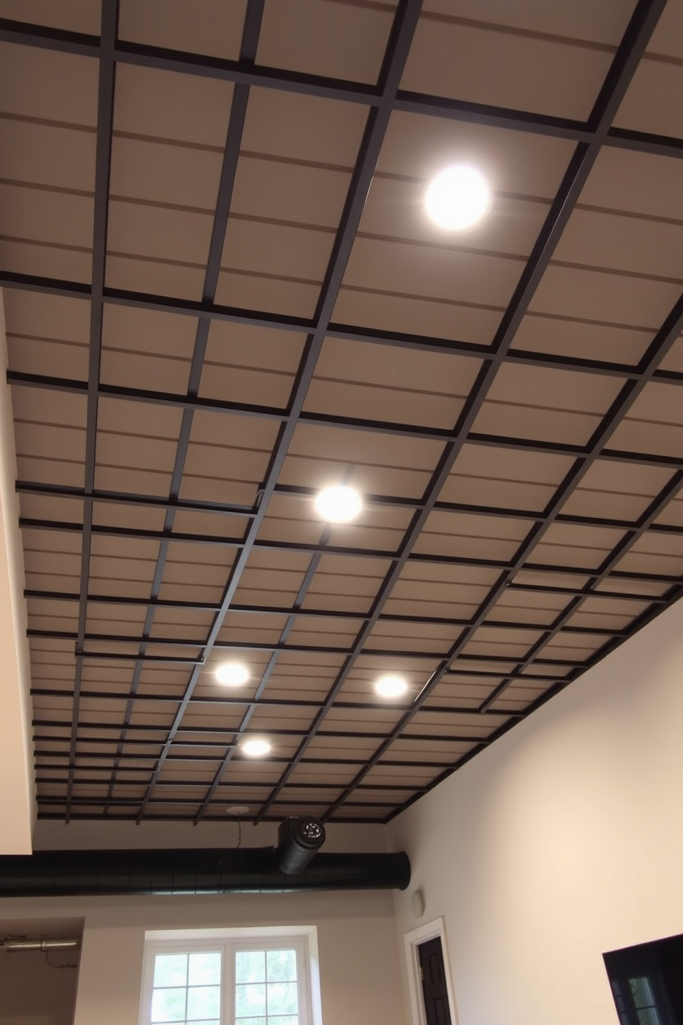 A sleek metal grid ceiling design enhances the contemporary aesthetic of a basement space. The grid features a matte black finish, providing a striking contrast against the light-colored walls. Integrated LED lighting fixtures are strategically placed within the grid to create an inviting atmosphere. The overall design incorporates exposed ductwork, adding an industrial touch to the modern basement environment.