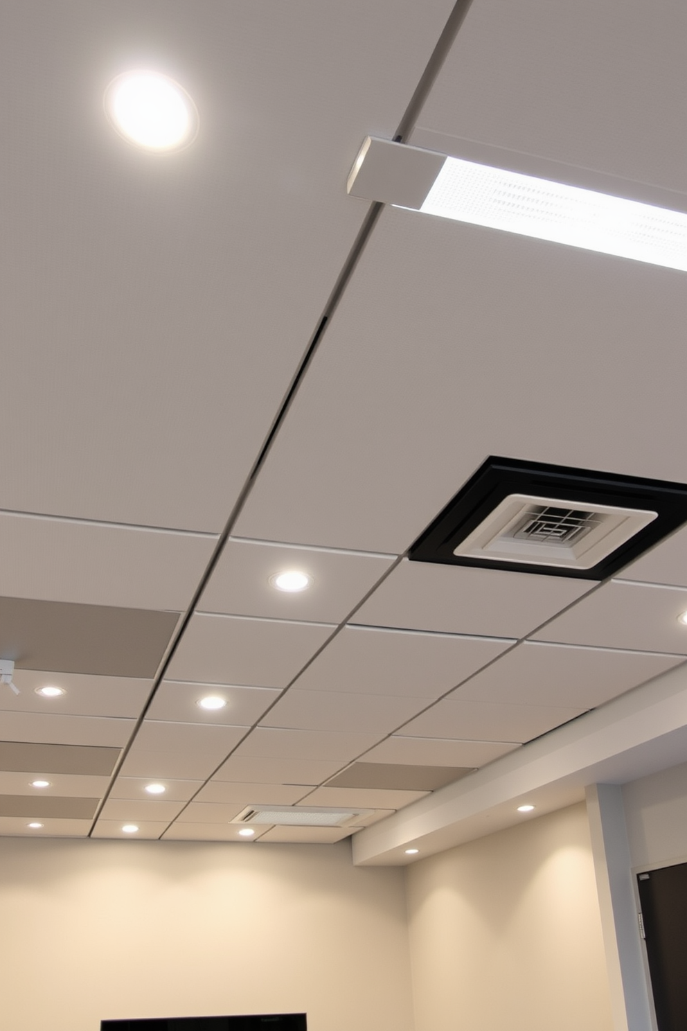 A modern basement with a drop ceiling featuring sleek acoustic tiles that enhance sound absorption. The lighting is strategically placed within the ceiling panels, creating a warm and inviting atmosphere.