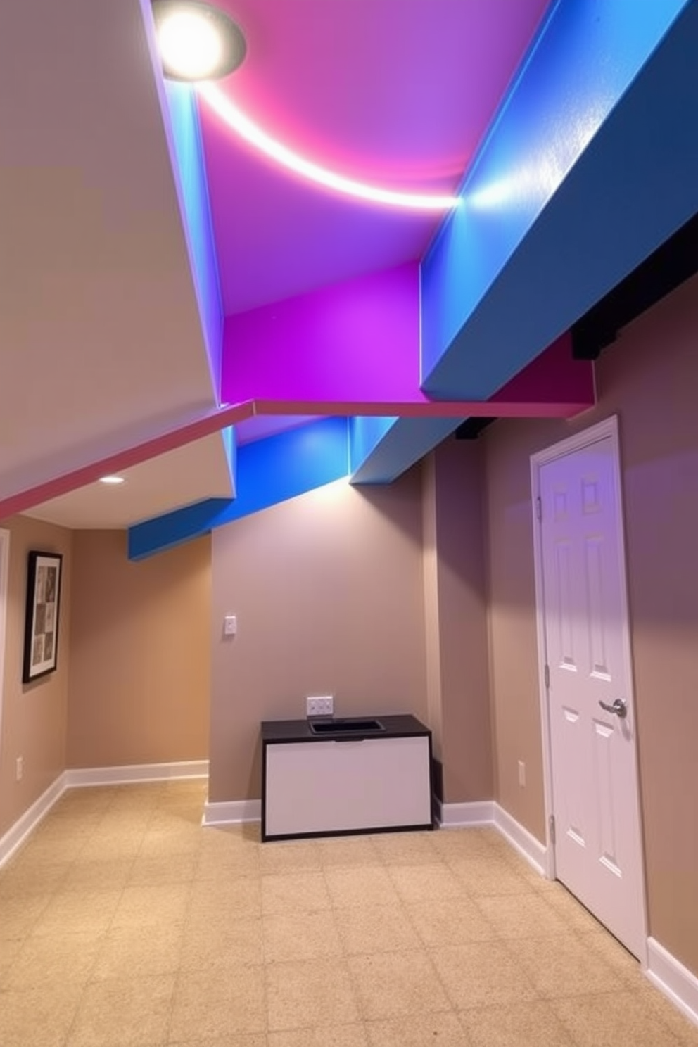 Colorful beams to brighten up space create a lively and inviting atmosphere in the basement. The beams are painted in vibrant hues, contrasting beautifully with the neutral walls and flooring. Incorporating LED strip lighting along the beams enhances the overall brightness and adds a modern touch. This design not only elevates the aesthetic but also makes the basement feel more spacious and welcoming.