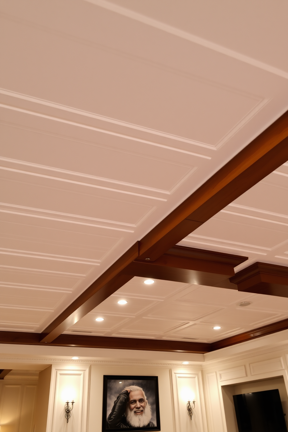 A refined basement ceiling features elegant paneling that enhances the overall sophistication of the space. The panels are painted in a soft white hue, contrasting beautifully with the rich wooden beams that add warmth and character. Soft recessed lighting is strategically placed within the paneling, creating a cozy ambiance throughout the basement. The design incorporates acoustic panels that provide sound insulation while maintaining an upscale aesthetic.