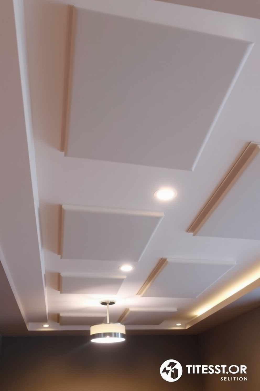 A modern basement ceiling featuring acoustic panels for optimal sound reduction. The panels are arranged in a geometric pattern and painted in a soft gray tone, enhancing the overall aesthetic while minimizing noise.