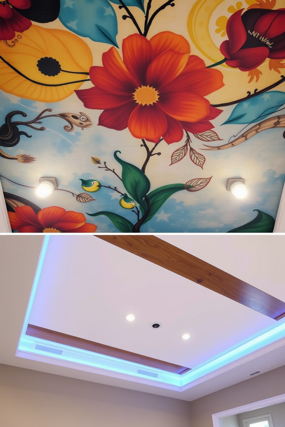 A vibrant basement ceiling design featuring colorful drop tiles in a variety of bright hues. The playful arrangement creates a lively atmosphere, enhancing the overall enjoyment of the space.