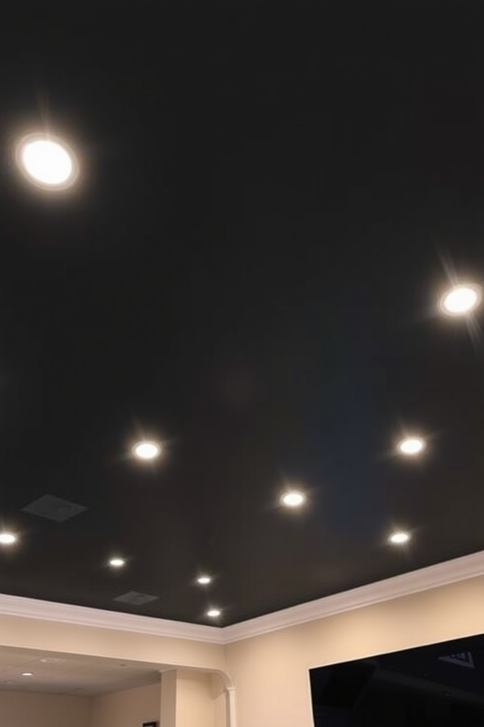 A modern basement ceiling design featuring recessed lighting that creates a warm and inviting atmosphere. The ceiling is finished in a sleek matte black with strategically placed lights that enhance the overall aesthetic of the space.