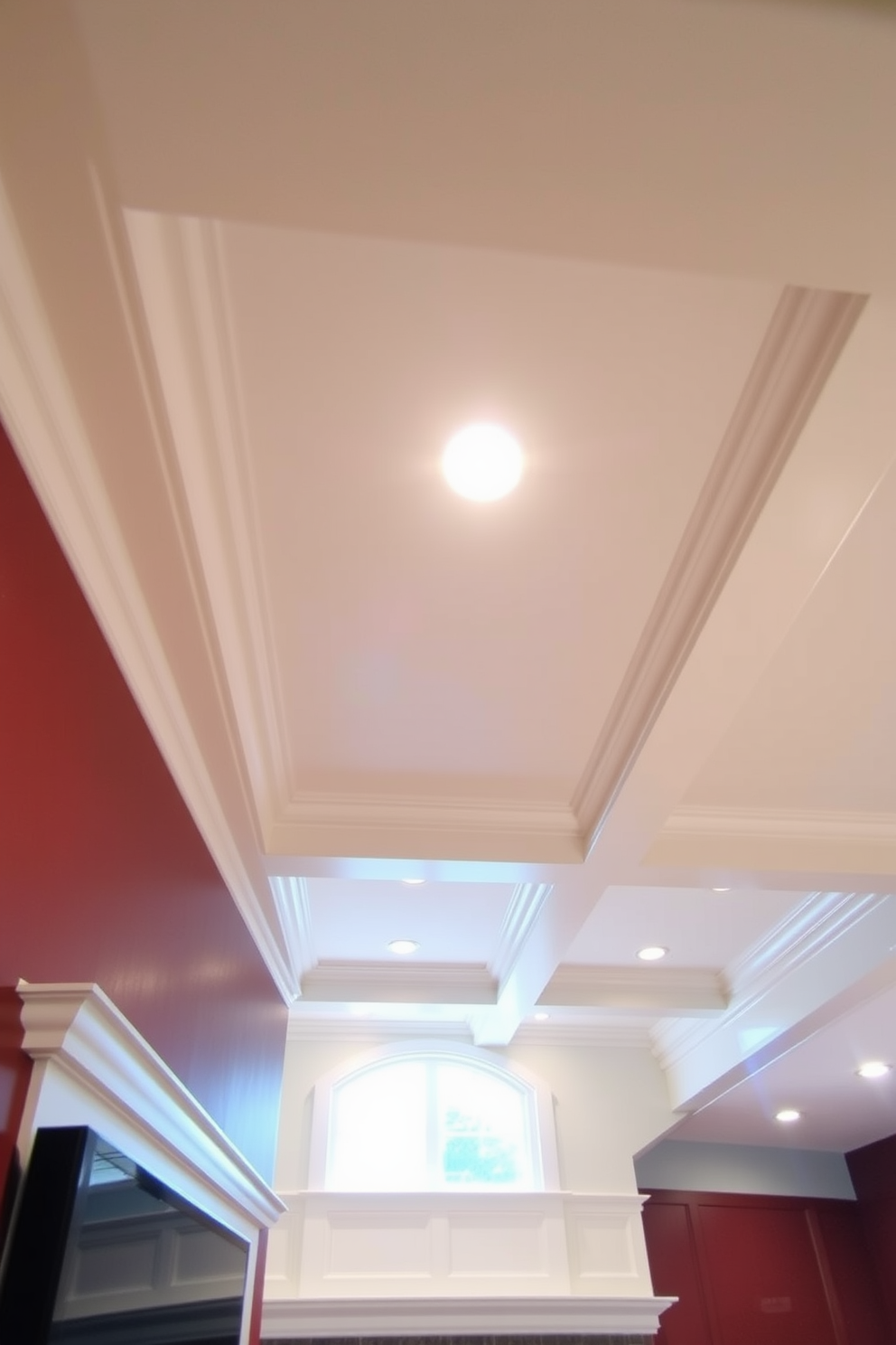 A minimalist basement ceiling design featuring tension wire elements creates an open and airy atmosphere. The ceiling showcases exposed beams and sleek lighting fixtures, emphasizing clean lines and simplicity. The color palette consists of soft whites and grays, enhancing the spacious feel of the room. Industrial accents, such as metal piping and concrete finishes, complement the minimalist aesthetic while adding character.