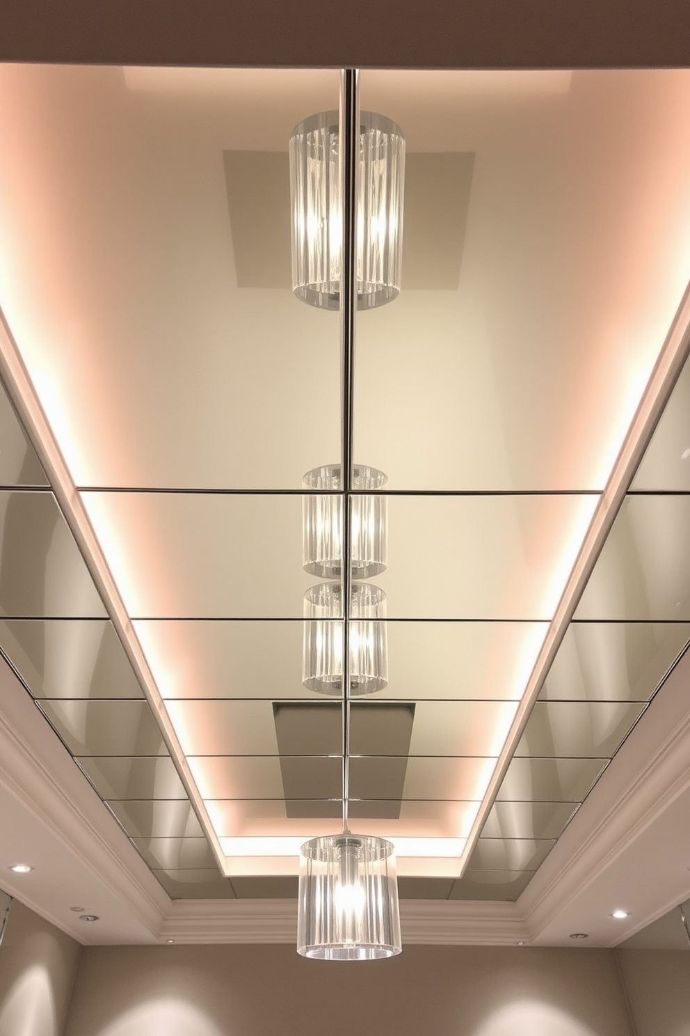 A stunning basement ceiling design featuring a mirrored ceiling that reflects light and creates an illusion of spaciousness. The mirrored panels are framed by sleek, modern lighting fixtures that enhance the contemporary aesthetic of the space.