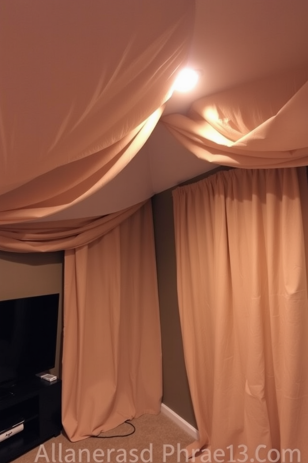 A cozy basement space with fabric draping that adds a soft texture to the ceiling. The drapes are in a warm neutral tone, creating an inviting atmosphere while enhancing the room's acoustics.