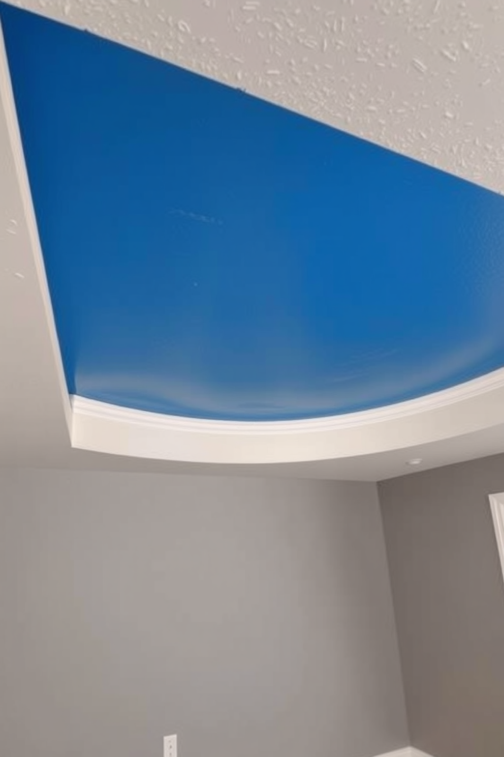 A basement ceiling design featuring a painted ceiling in a vibrant hue to create a striking focal point. The walls are finished in a soft gray, complementing the colorful ceiling and enhancing the overall ambiance of the space.