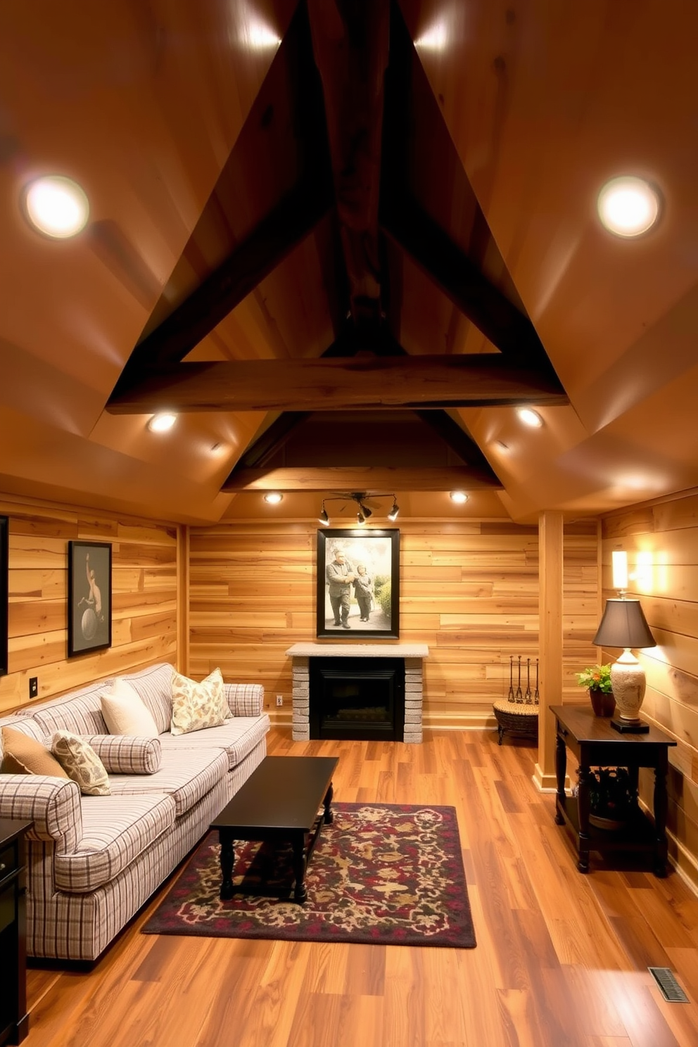 A cozy basement with wood planks creating a warm and inviting atmosphere. The ceiling features exposed beams that enhance the rustic charm while recessed lighting provides ample illumination.