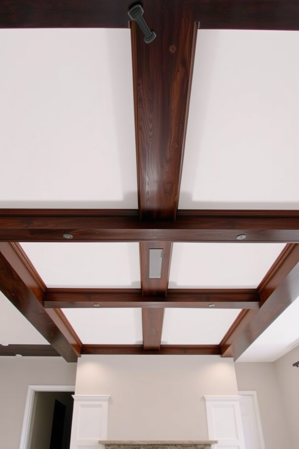 A coffered ceiling design featuring deep wooden beams creates an elegant and sophisticated atmosphere in the basement. The ceiling is painted in a soft white hue, contrasting beautifully with the rich tones of the wood, enhancing the overall elegance of the space.