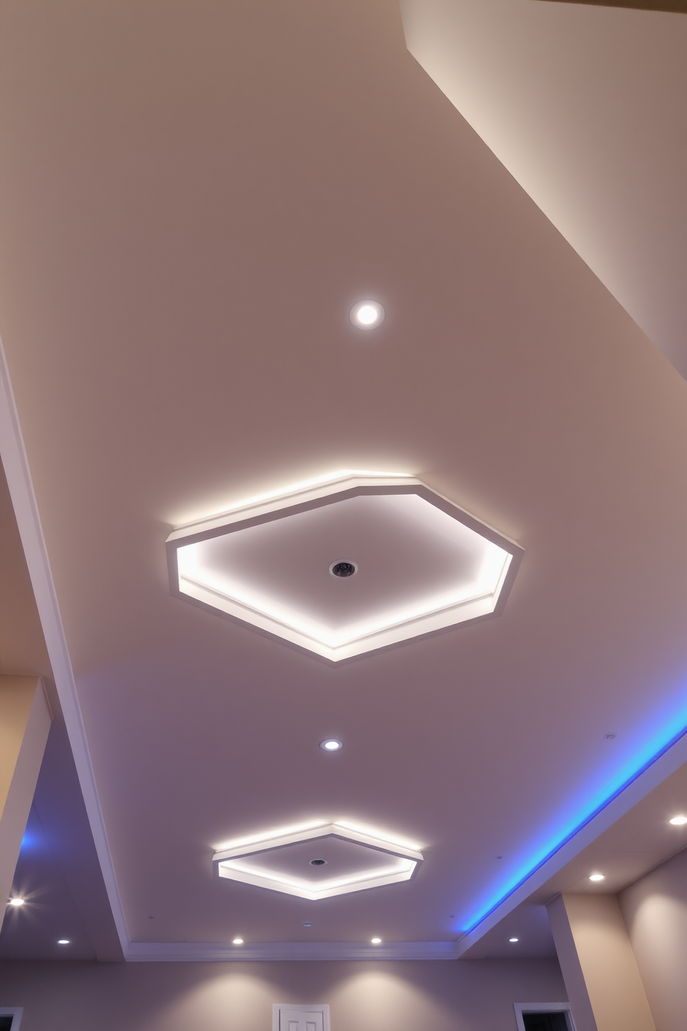 A contemporary basement ceiling featuring sleek LED strip lights that create an ambient glow throughout the space. The ceiling design incorporates geometric patterns with a mix of matte and glossy finishes to enhance the modern aesthetic.