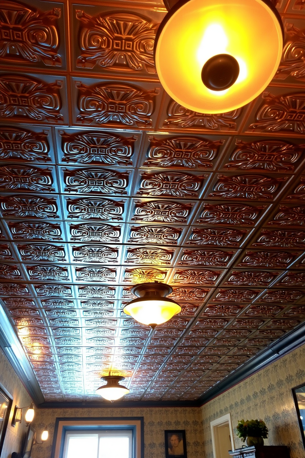 A contemporary basement ceiling featuring sleek acoustic panels designed for optimal soundproofing. The panels are arranged in a geometric pattern, complemented by recessed lighting that enhances the modern aesthetic.