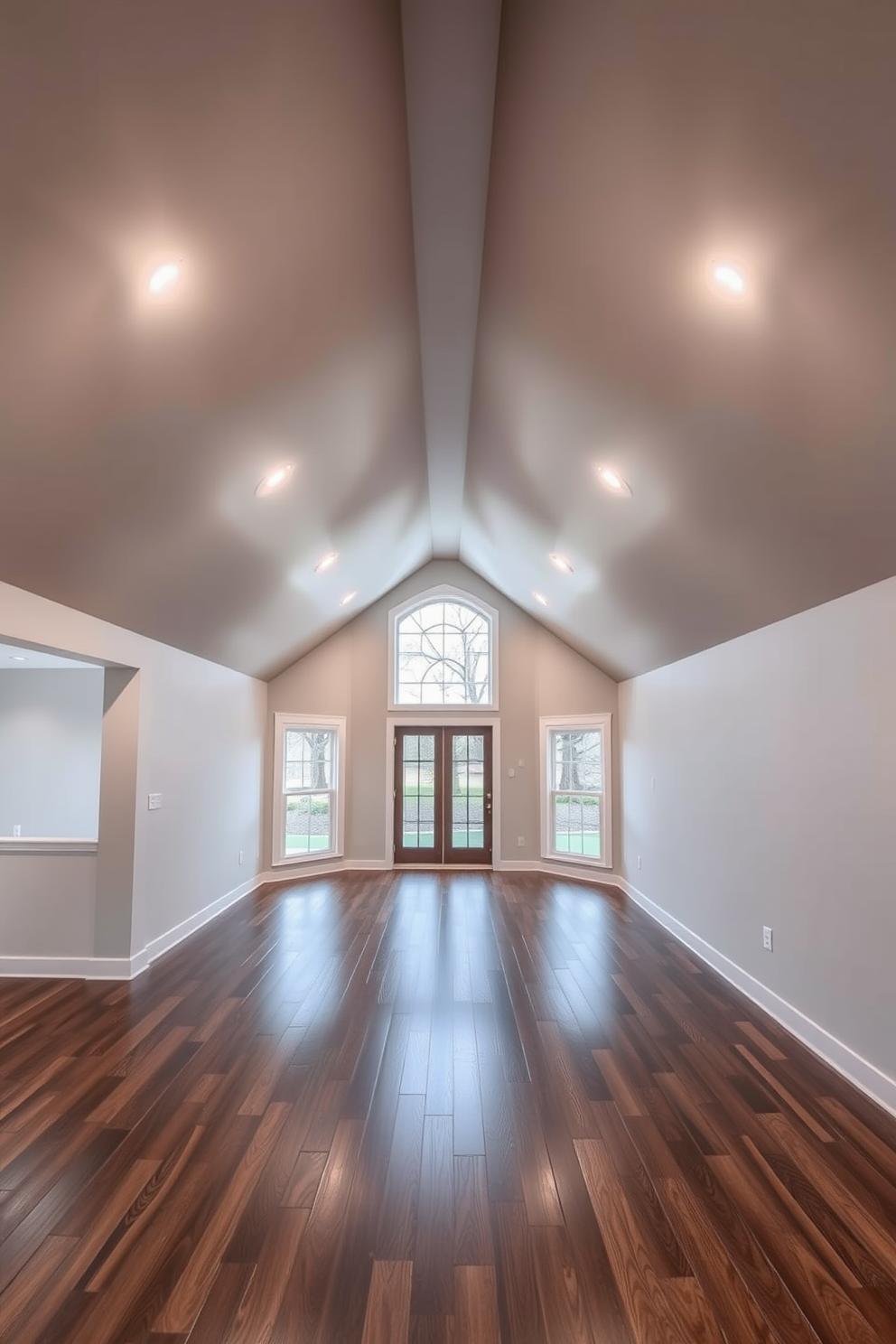 A striking basement ceiling design featuring metal tiles that add an industrial edge. The ceiling showcases a grid pattern of polished metal tiles, reflecting ambient lighting and enhancing the spaciousness of the room.