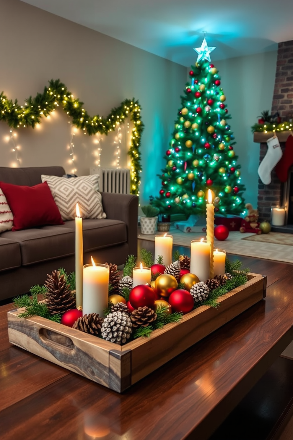 Seasonal artwork adorns the walls of a cozy basement space, featuring vibrant holiday-themed pieces that bring warmth and cheer. The area is decorated with twinkling fairy lights, a festive tree in the corner, and plush seating arrangements that invite relaxation and celebration.