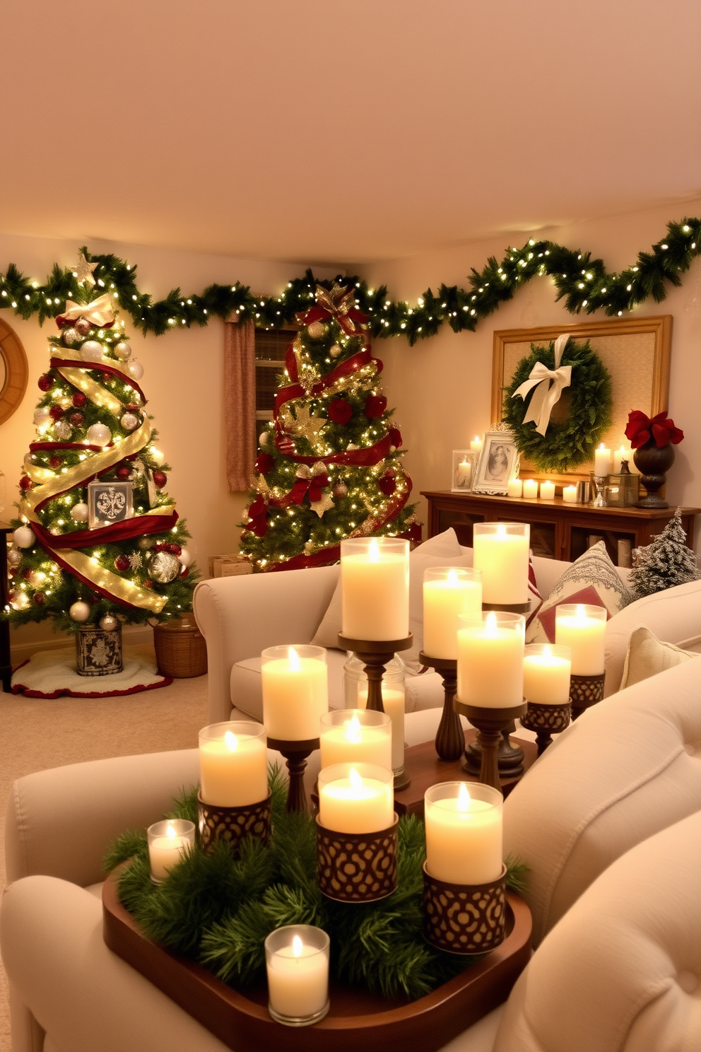 A cozy DIY photo booth is set up in a spacious basement adorned with festive decorations. Colorful holiday props like Santa hats, reindeer antlers, and glittery snowflakes are arranged neatly on a vintage wooden table. The backdrop features a cheerful winter scene painted in soft pastels, creating a warm and inviting atmosphere. String lights twinkle overhead, casting a magical glow over the entire space, perfect for capturing joyful holiday memories.