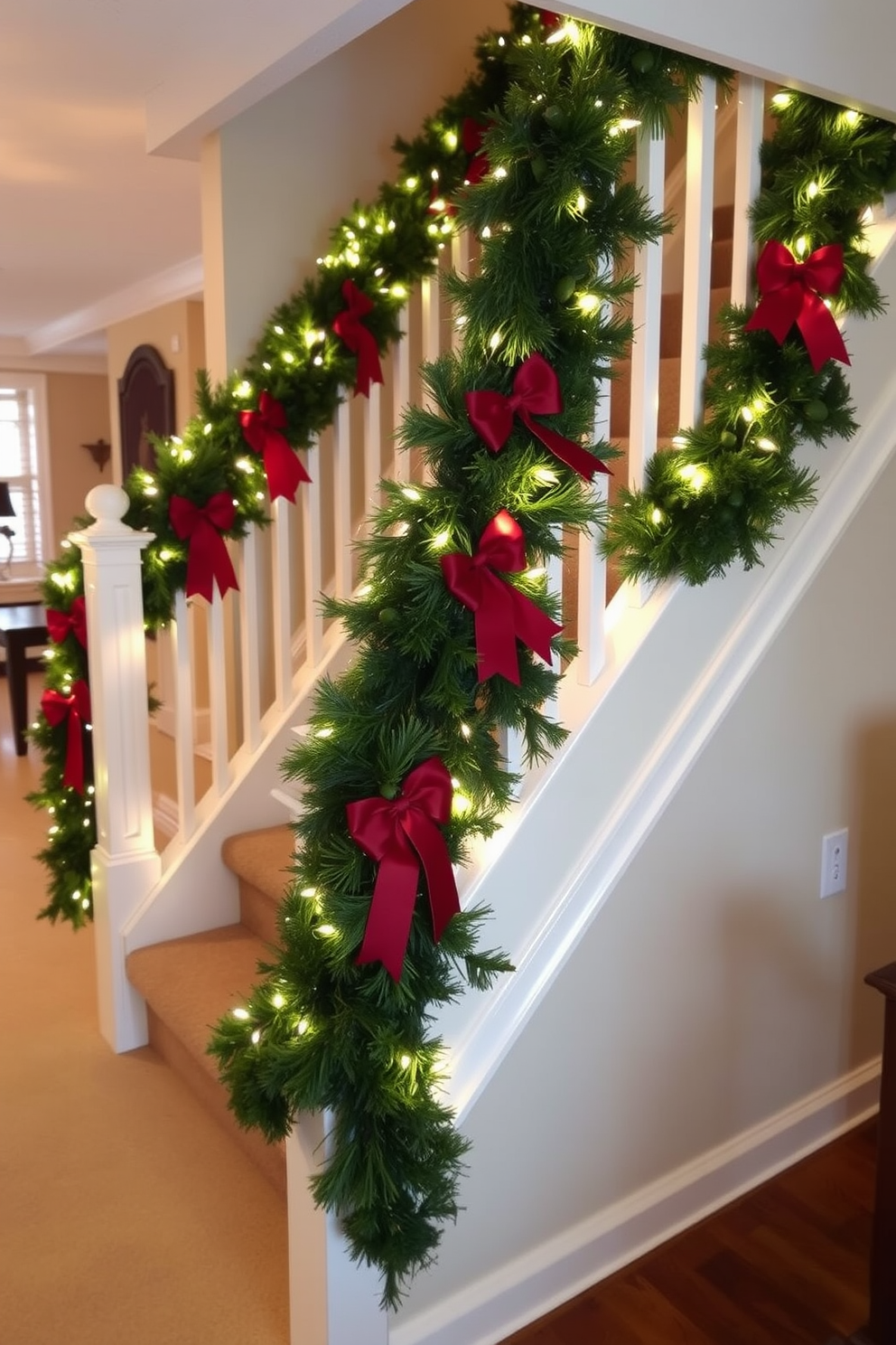 A festive dining table adorned with a rich red tablecloth, topped with a centerpiece of evergreen branches and pinecones. Surrounding the table are elegant place settings with gold-rimmed plates and sparkling glassware, creating a warm and inviting atmosphere. A cozy basement space transformed for Christmas with twinkling string lights draped across the ceiling. The area features a large tree decorated with colorful ornaments and a collection of plush seating arranged around a rustic coffee table, perfect for holiday gatherings.