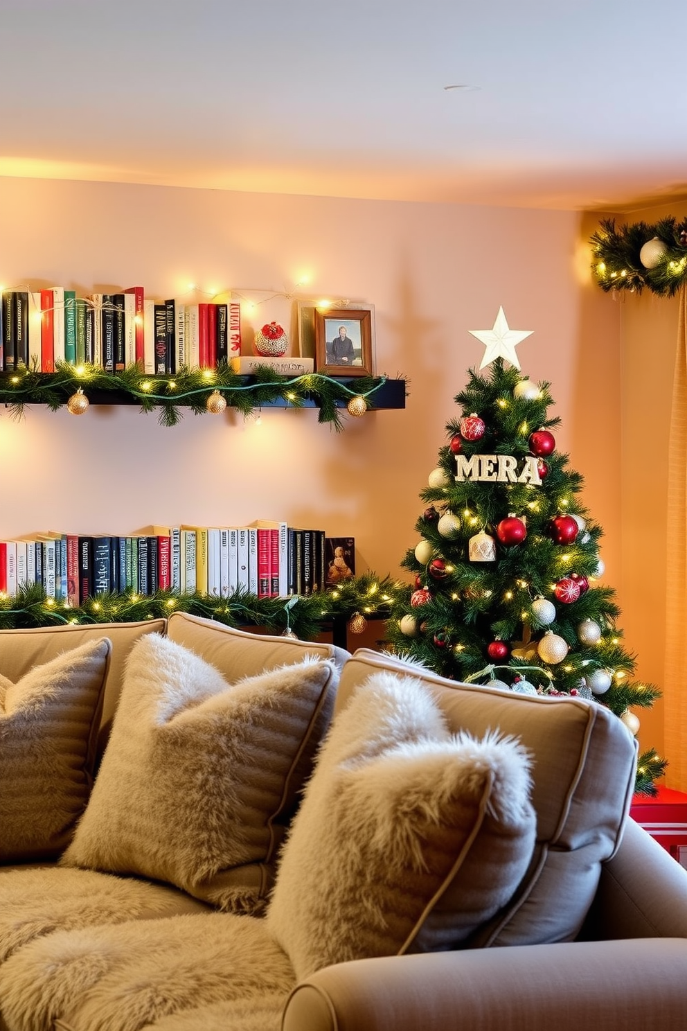 A cozy basement adorned for Christmas with faux snow gently resting on the windowsills creating a winter wonderland effect. Twinkling fairy lights drape across the ceiling beams, while a beautifully decorated tree stands in the corner, surrounded by wrapped presents.