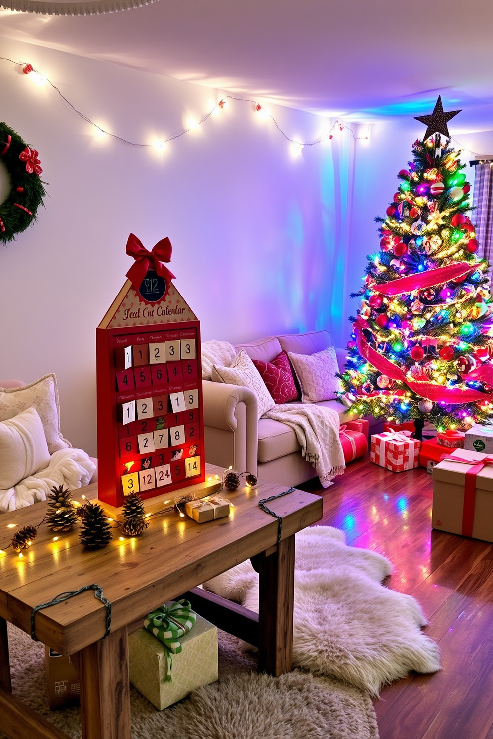 A cozy basement adorned with Christmas-themed area rugs that add warmth and comfort. The rugs feature festive patterns like snowflakes and reindeer, enhancing the holiday spirit throughout the space. The walls are decorated with twinkling fairy lights and garlands, creating a cheerful atmosphere. A beautifully decorated Christmas tree stands in the corner, surrounded by wrapped gifts and festive ornaments.