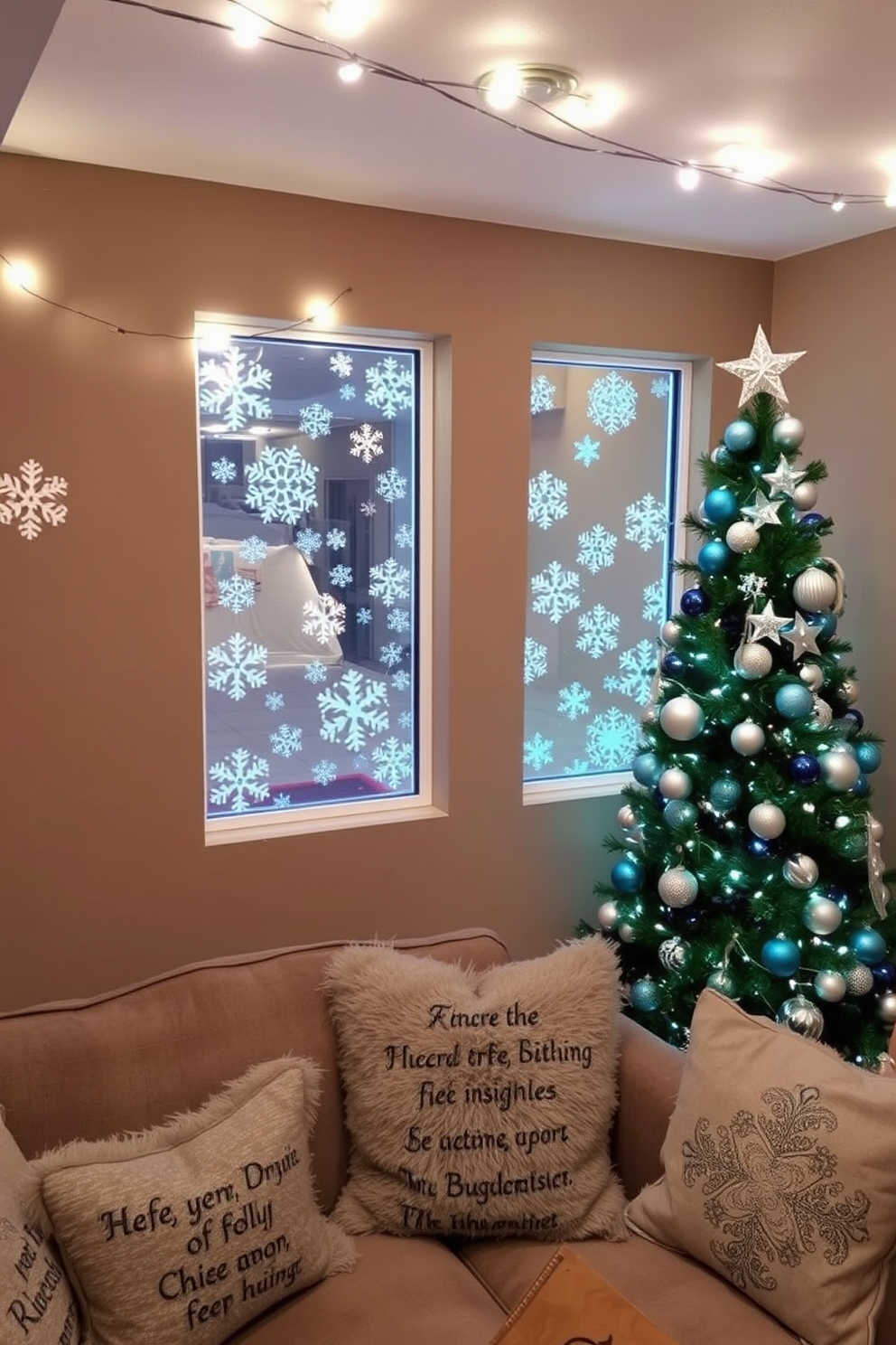 A cozy basement living area decorated for Christmas. The fireplace is adorned with green and red stockings, each featuring unique patterns, hanging from a rustic wooden mantel. Twinkling fairy lights are draped around the room, creating a warm and inviting ambiance. A beautifully decorated Christmas tree stands in the corner, surrounded by wrapped gifts in festive paper.