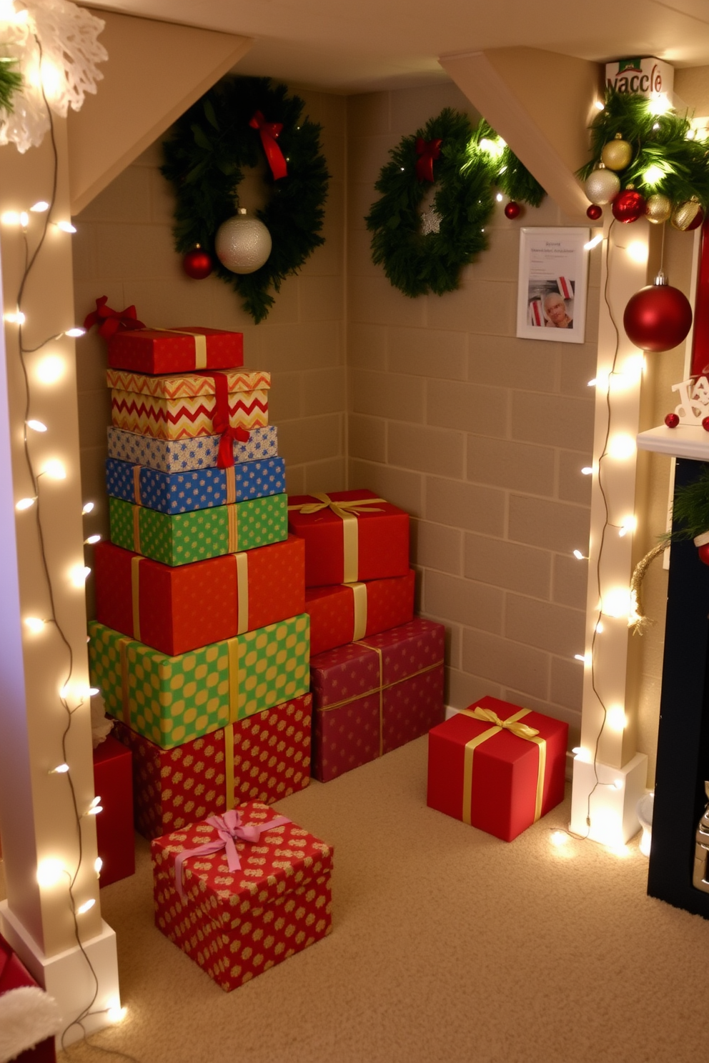 A cozy basement setting adorned with warm lighting and plush seating. Scented candles in various sizes are strategically placed around the room, filling the air with a comforting aroma. The space is decorated with festive ornaments and garlands to create a cheerful holiday ambiance. A beautifully adorned Christmas tree stands in the corner, surrounded by wrapped gifts and twinkling fairy lights.