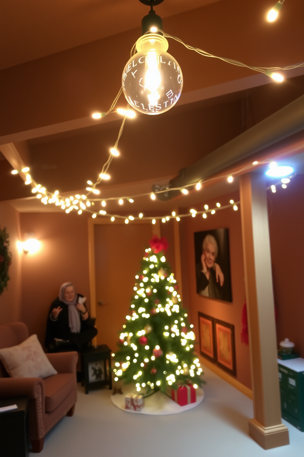 A festive wreath adorned with red and gold ornaments hangs on the basement door, welcoming guests with a touch of holiday cheer. Surrounding the door, soft white lights twinkle, illuminating the entrance and creating a warm, inviting atmosphere. Inside the basement, a cozy seating area is decorated with plush throws and festive pillows in rich colors. A beautifully adorned Christmas tree stands in the corner, surrounded by carefully wrapped gifts, enhancing the festive spirit of the space.