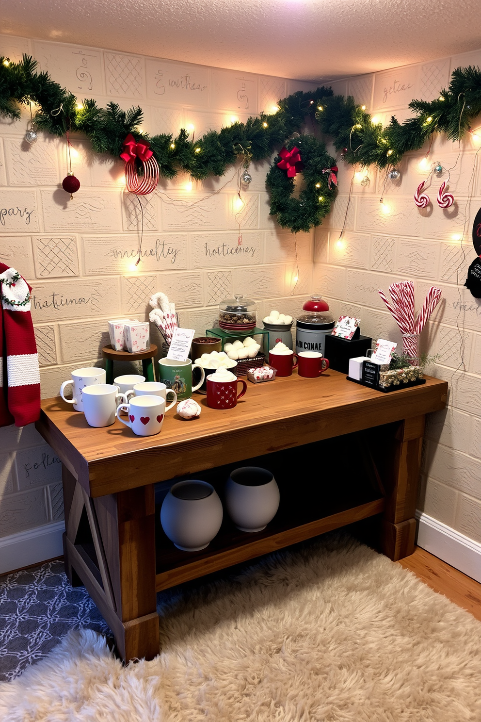 A cozy basement adorned with twinkling fairy lights placed in various glass jars creates a warm and inviting atmosphere. The soft glow of the lights reflects off the walls, enhancing the festive spirit of the Christmas decorations. Colorful ornaments and garlands are draped along the exposed beams and shelves, adding a playful touch to the space. A beautifully decorated Christmas tree stands in one corner, surrounded by wrapped presents and festive decor.