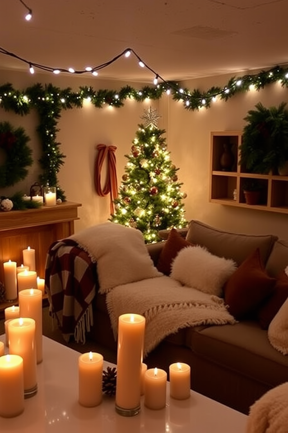 Wooden crates arranged in a staggered formation create a charming rustic display. Each crate is filled with seasonal decor such as pinecones, fairy lights, and evergreen branches. In a basement setting, the crates can serve as unique storage solutions while enhancing the festive atmosphere. Adorned with ribbons and ornaments, they become focal points that bring warmth and character to the holiday decor.