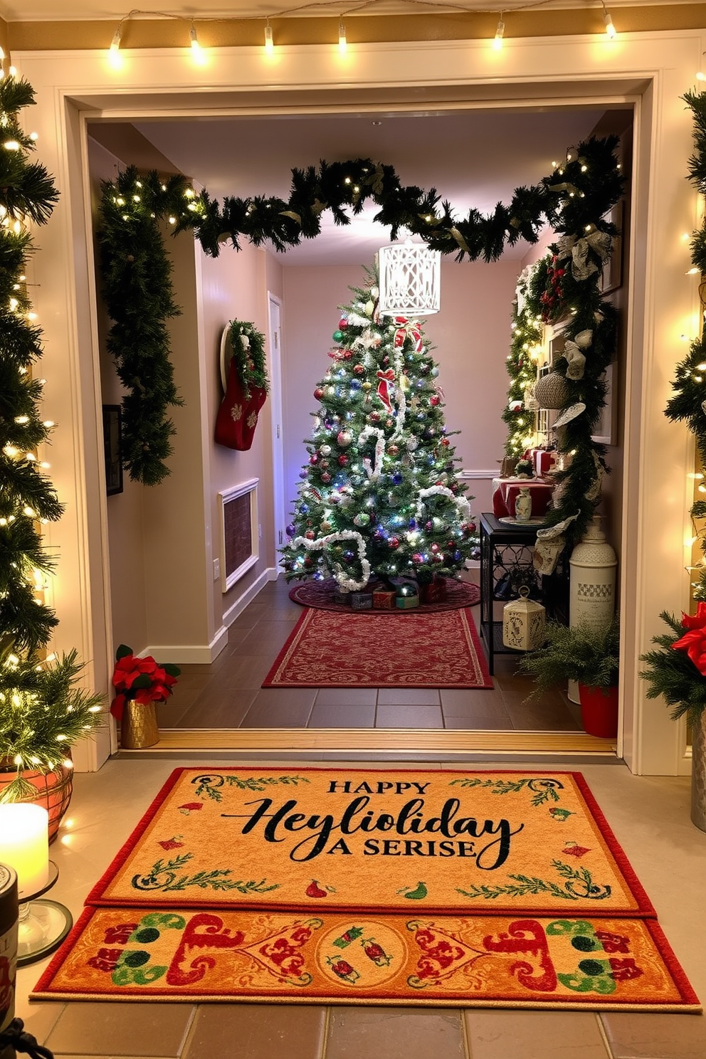 A cozy basement space adorned with Christmas-themed throw blankets and cushions in rich reds and greens. Soft, fluffy textures create a warm atmosphere, inviting family and friends to gather and celebrate the holiday spirit.