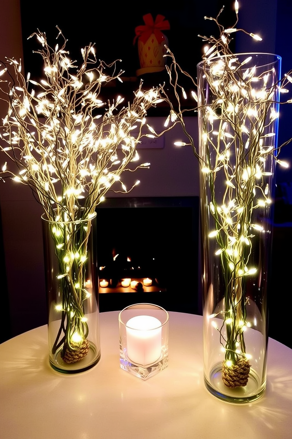 Banners with festive holiday messages hang cheerfully across the walls of a cozy basement space. The decorations include twinkling string lights and a beautifully adorned Christmas tree in the corner, creating a warm and inviting atmosphere.