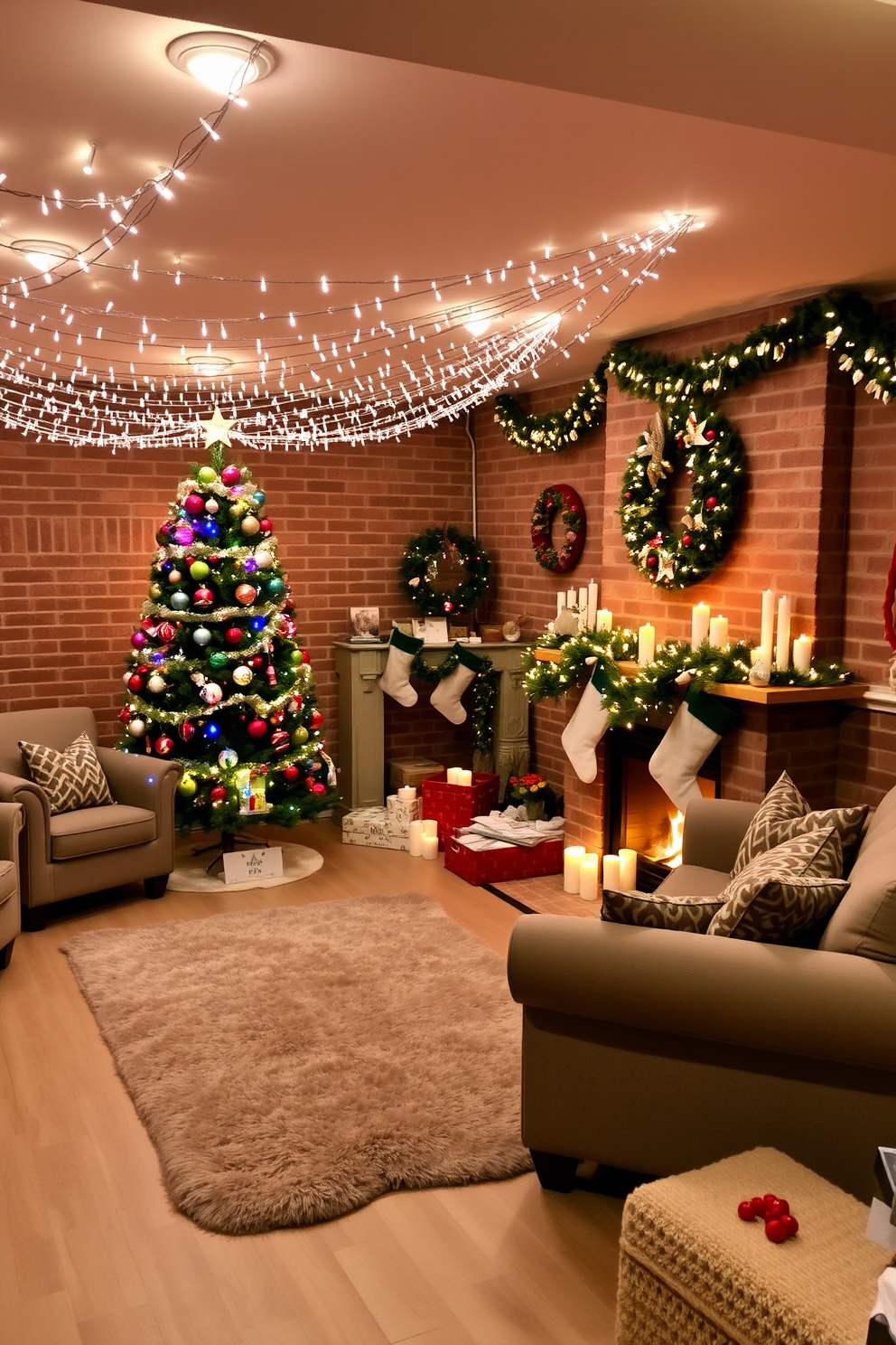 A cozy basement gift wrapping station is set up with a large wooden table covered in colorful wrapping paper rolls and ribbons. Soft white string lights hang overhead, creating a warm and inviting atmosphere for holiday creativity. The walls are adorned with festive decorations, including wreaths and garlands, while a vintage wooden shelf holds an array of gift boxes and scissors. A plush rug underfoot adds comfort, and a small tree in the corner is decorated with ornaments, enhancing the Christmas spirit.