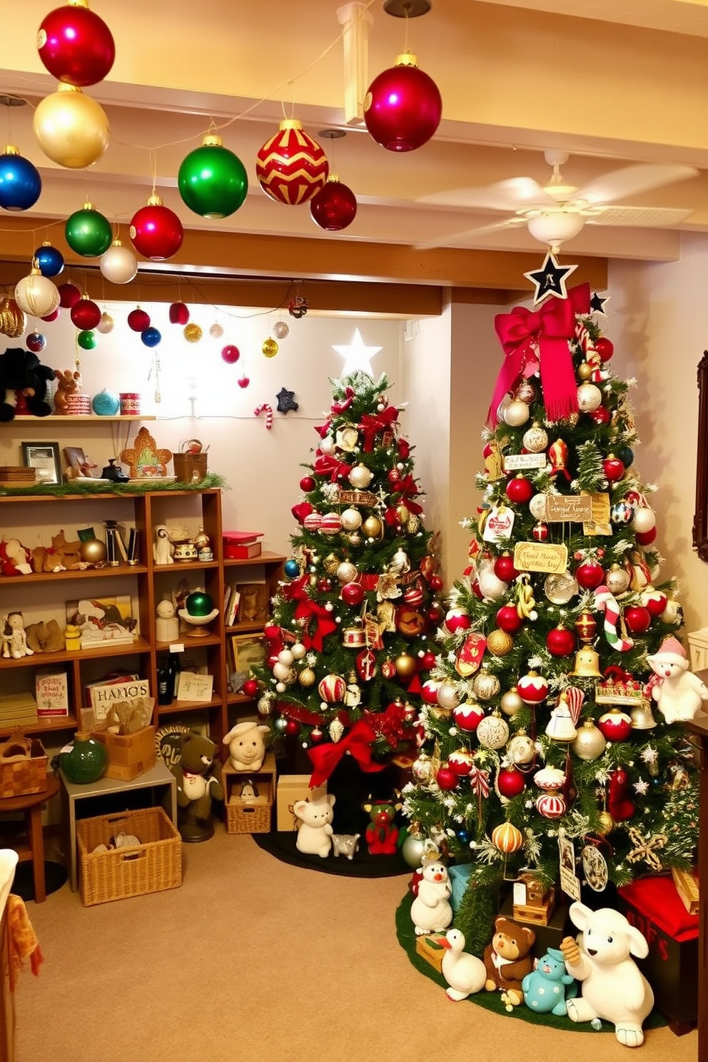 A cozy reading nook is set up in the basement, featuring a plush armchair upholstered in soft fabric next to a small side table. Shelves filled with holiday books are neatly arranged, and a warm throw blanket is draped over the armchair for added comfort. The space is adorned with twinkling fairy lights strung along the walls, creating a festive atmosphere. A small Christmas tree sits in the corner, decorated with ornaments and a star on top, enhancing the holiday spirit.